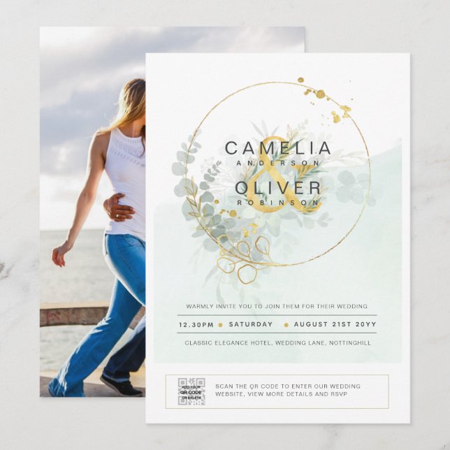 Photo Wedding Invitation Botanical Greenery Gold (Front/Back)