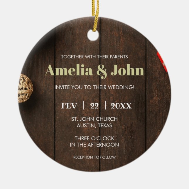 Photo Wedding Invitation Christmas  Ceramic Tree Decoration (Front)