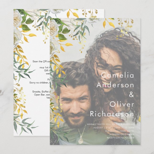 PHOTO WEDDING INVITATION Greenery Gold LeahG (Front/Back)