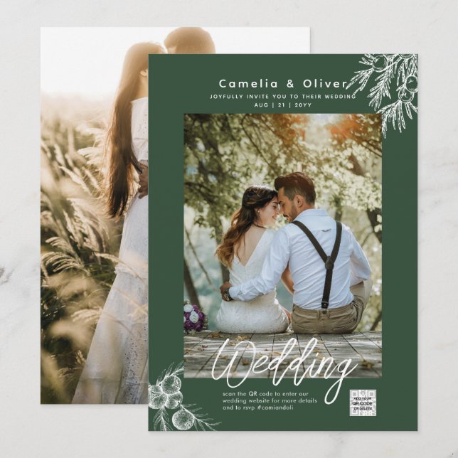 Photo Wedding Invitation JUNIPER GREEN Modern   (Front/Back)