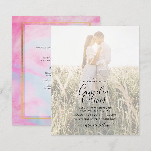 PHOTO WEDDING INVITATION Pink Aqua Blue Gold INK  (Front/Back)