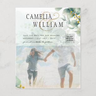 Photo Wedding Invitation, Qr Code, Greenery Leaves Flyer