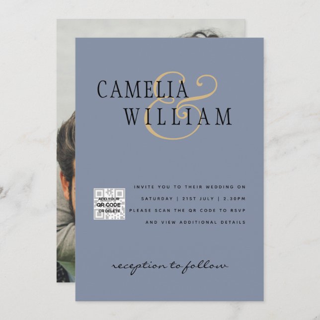 Photo Wedding Invitation QRCode RSVP Dusty Blue (Front/Back)
