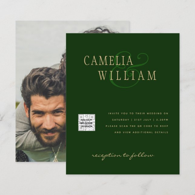 Photo Wedding Invitation QRCode RSVP Emerald Green (Front/Back)