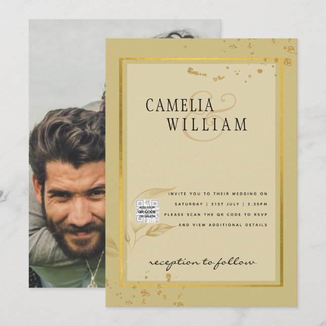 Photo Wedding Invitation QRCode RSVP Gold Yellow (Front/Back)