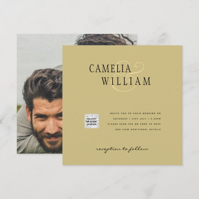 Photo Wedding Invitation QRCode RSVP Gold Yellow (Front/Back)
