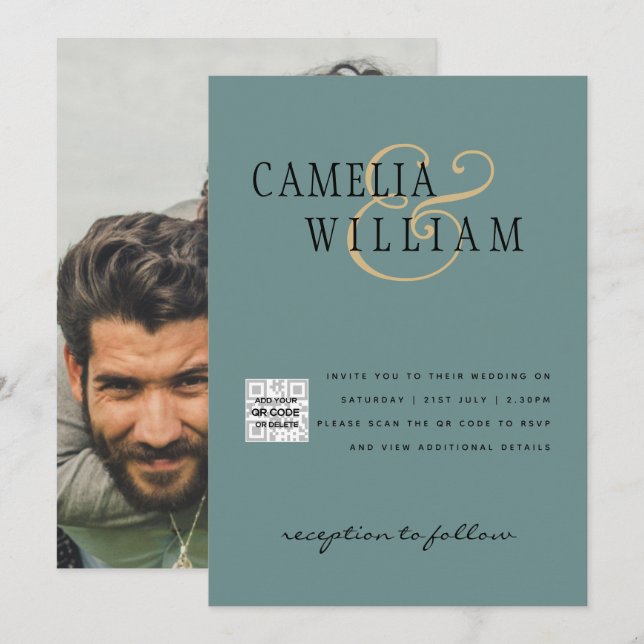 Photo Wedding Invitation QRCode RSVP SeaGlass Teal (Front/Back)