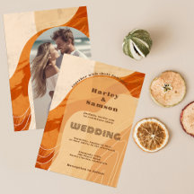Photo wedding invitation, retro burnt orange