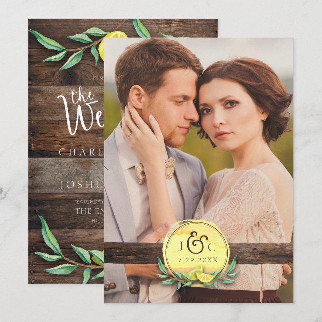 PHOTO WEDDING INVITATION | Rustic Barn Wood Lemon (Front/Back)