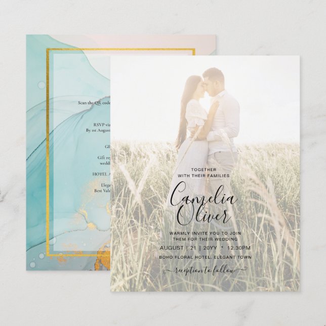 PHOTO WEDDING INVITATION Teal Gold INK LeahG (Front/Back)