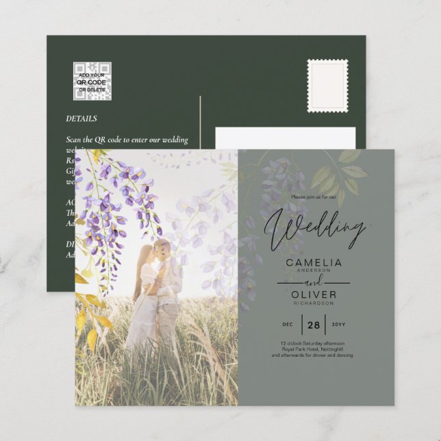 PHOTO WEDDING INVITATION Wisteria Floral BUDGET  (Front/Back)