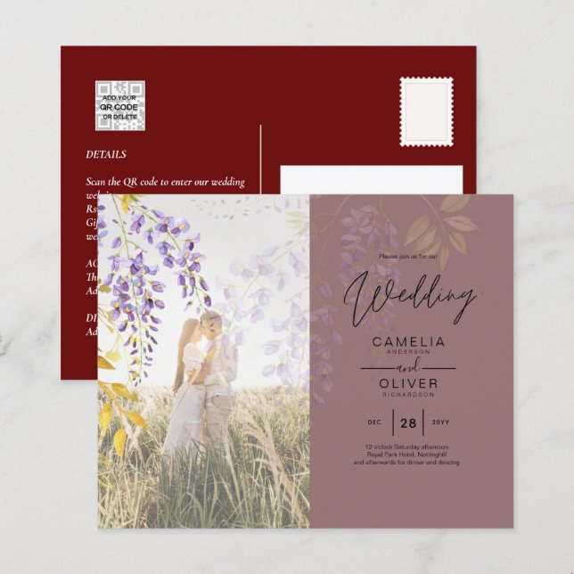 PHOTO WEDDING INVITATION Wisteria Floral BUDGET  (Front/Back)