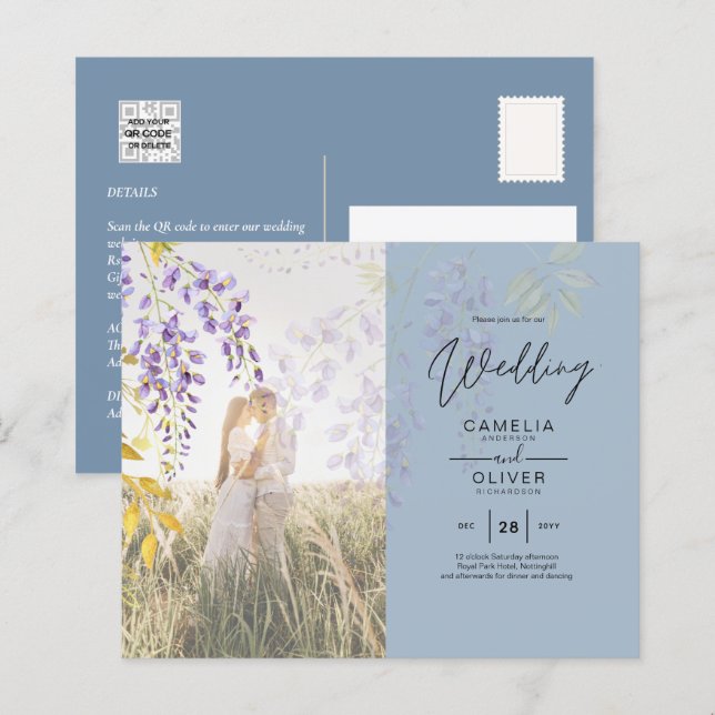 PHOTO WEDDING INVITATION Wisteria Floral BUDGET  (Front/Back)