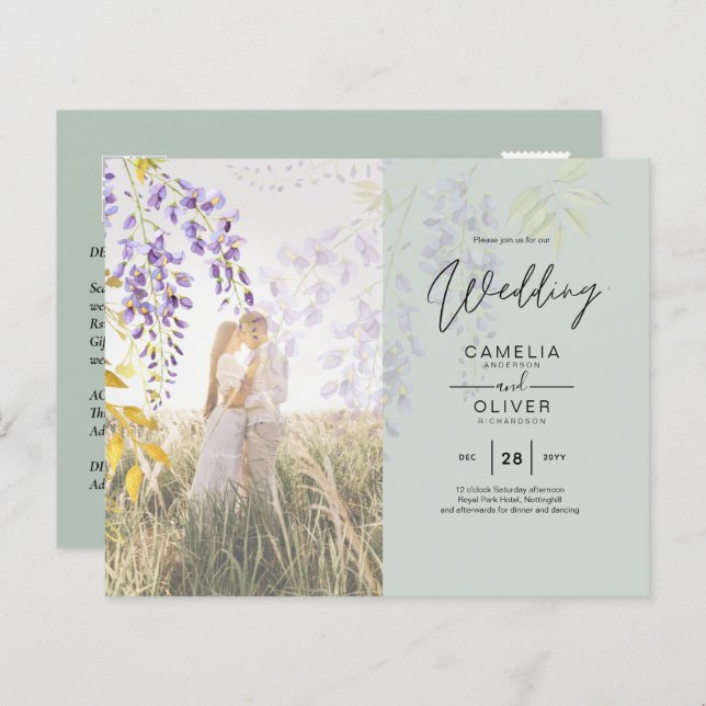 PHOTO WEDDING INVITATION Wisteria Floral BUDGET  (Front/Back)