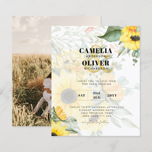 Photo Wedding Invitation with Sunflowers (Front/Back)