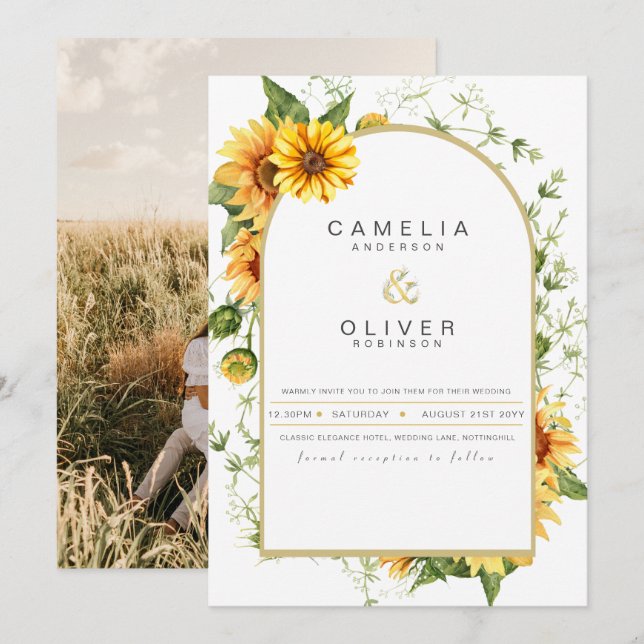 Photo Wedding Invitation with Sunflowers (Front/Back)