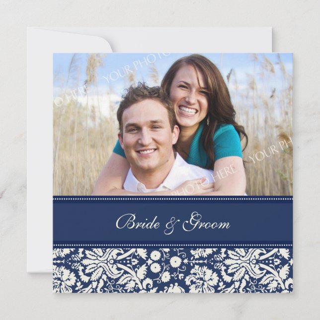 Photo Wedding Invitations Blue Cream Damask (Front)