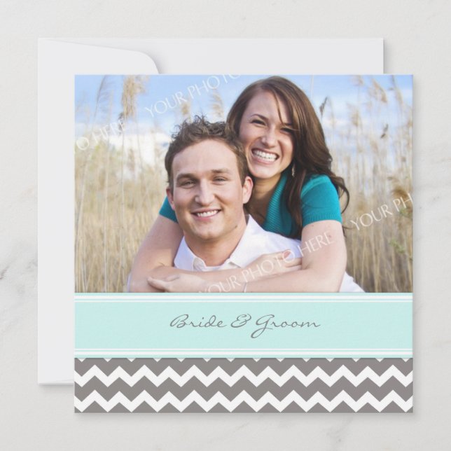 Photo Wedding Invitations Grey Blue Chevron (Front)