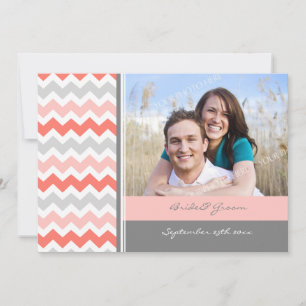 Photo Wedding Invitations Grey Coral Chevron
