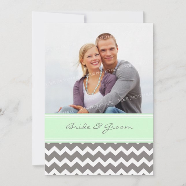 Photo Wedding Invitations Grey Mint Chevron (Front)