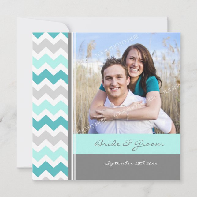 Photo Wedding Invitations Grey Teal Chevron (Front)