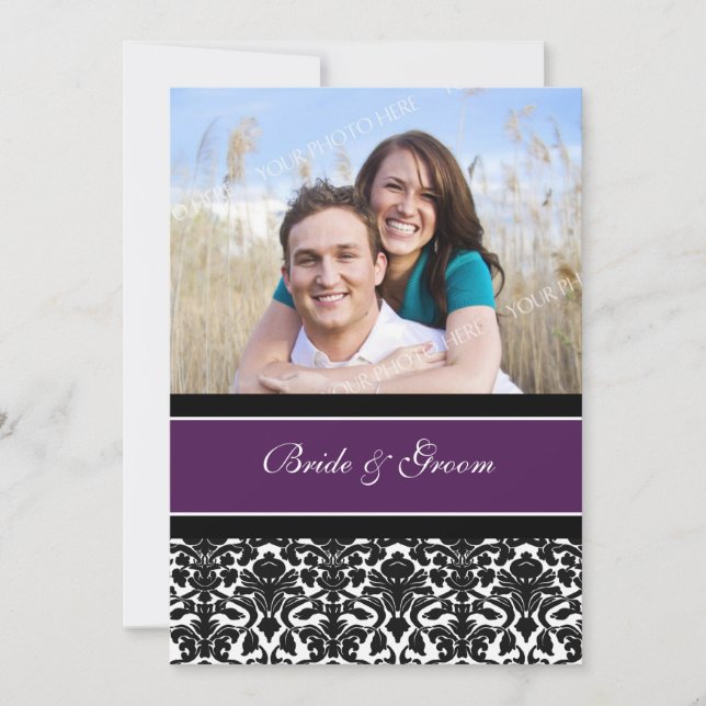 Photo Wedding Invitations Plum Black Damask (Front)