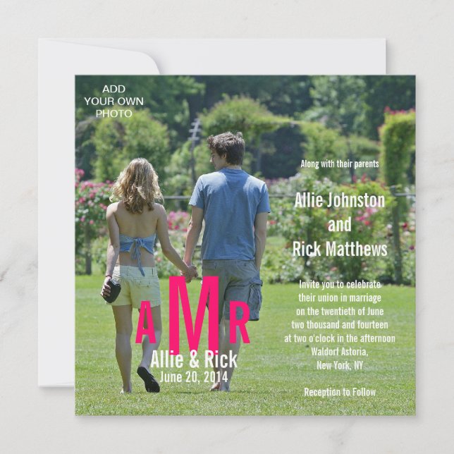 Photo Wedding Invitations Three Monograms Pink (Front)
