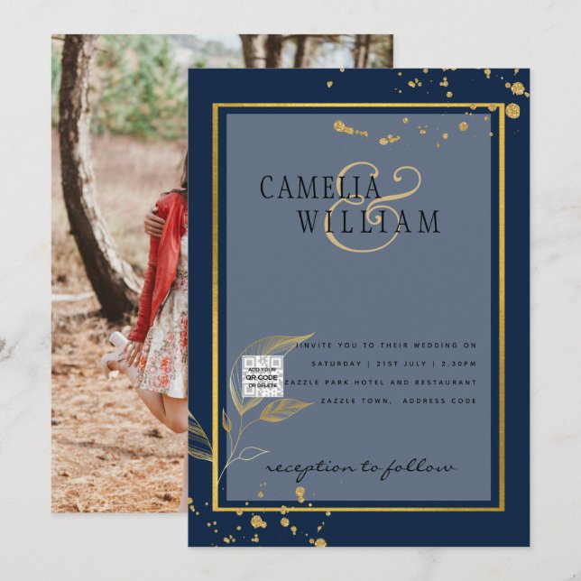 PHOTO Wedding Invite QR Code Save Date BLUE (Front/Back)