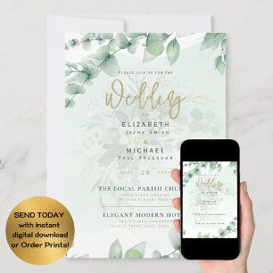 Photo Wedding Invites Greenery Gold Eulcalyptus