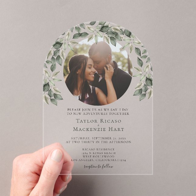 Photo Wedding Personalised Modern Leaf Frame Acrylic Invitations (Insitu (Handheld))
