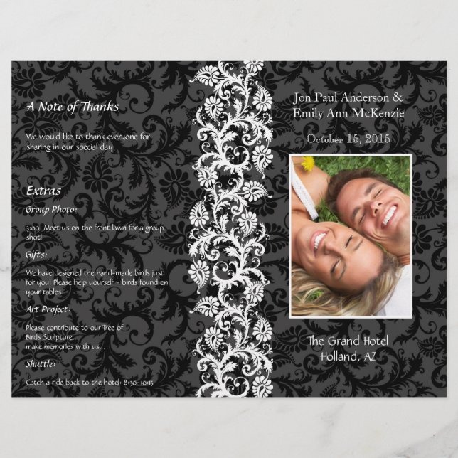 Photo Wedding Program Black Grey & Red Damask (Front)