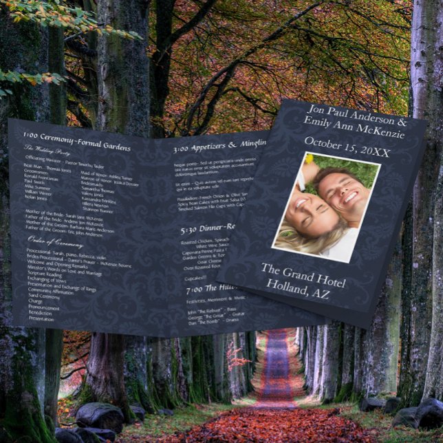 Photo Wedding Program Navy Blue & White Damask (Creator Uploaded)