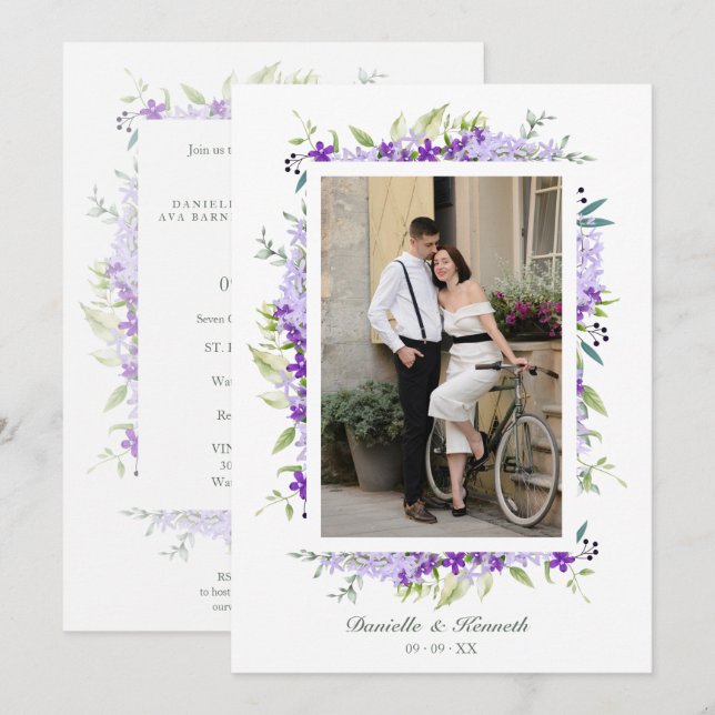 Photo Wedding Purple Shades Flowers & Branche Invitation (Front/Back)