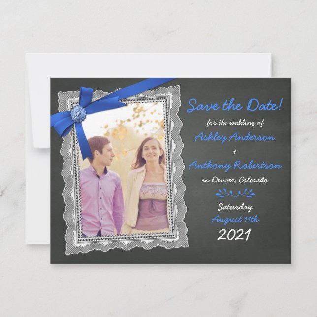 Photo Wedding Save the Date Chalkboard Blue Bow Invitation (Front)