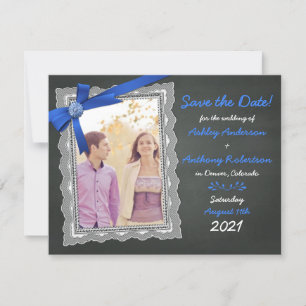 Photo Wedding Save the Date Chalkboard Blue Bow Invitation