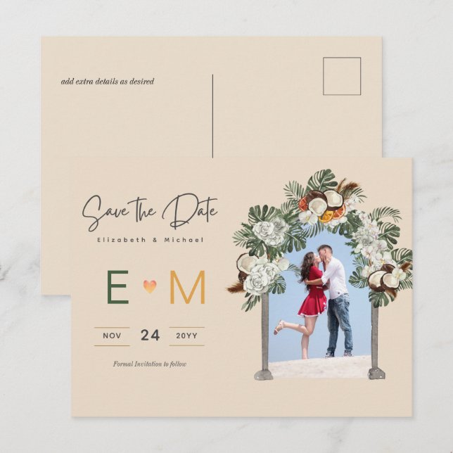Photo Wedding Save the Date Cream Floral Postcard (Front/Back)