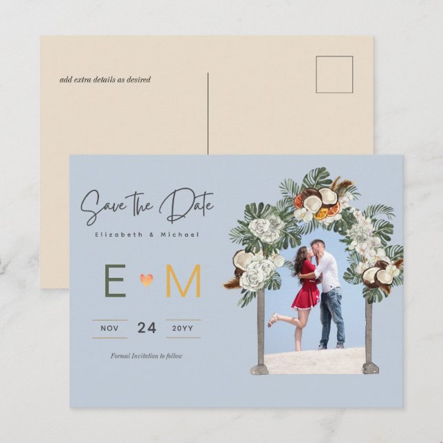 Photo Wedding Save the Date Dusty Blue Floral Postcard (Front/Back)