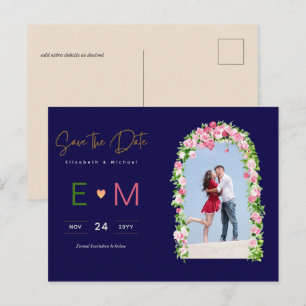Photo Wedding Save the Date Navy Pink Floral Postcard