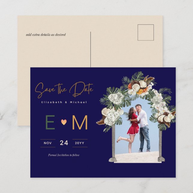 Photo Wedding Save the Date Navy Terracotta Floral Postcard (Front/Back)