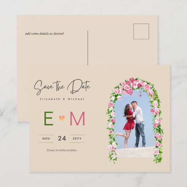 Photo Wedding Save the Date Pink Floral Postcard (Front/Back)