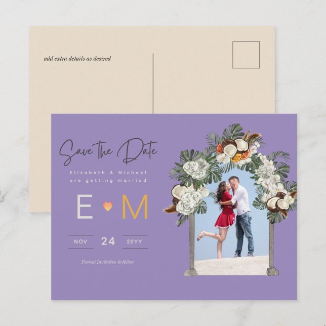 Photo Wedding Save the Date Purple Gold Floral Postcard (Front/Back)