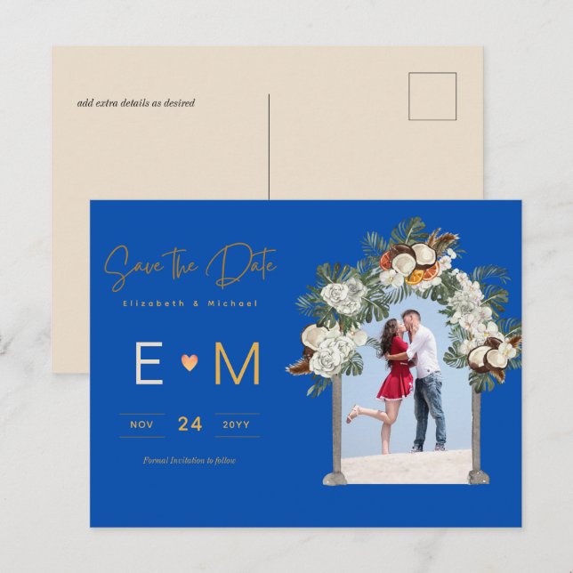 Photo Wedding Save the Date Royal Blue Floral Postcard (Front/Back)