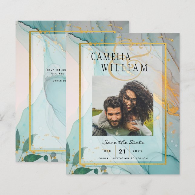 PHOTO WEDDING SAVE THE DATE Teal Gold Ink LeahG (Front/Back)