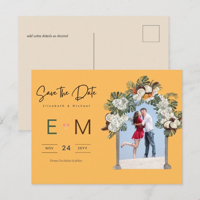 Photo Wedding Save the Date Yellow Tropical Floral Postcard (Front/Back)
