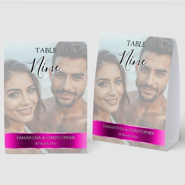 Photo Wedding Table Number with Magenta band (Front/Back)