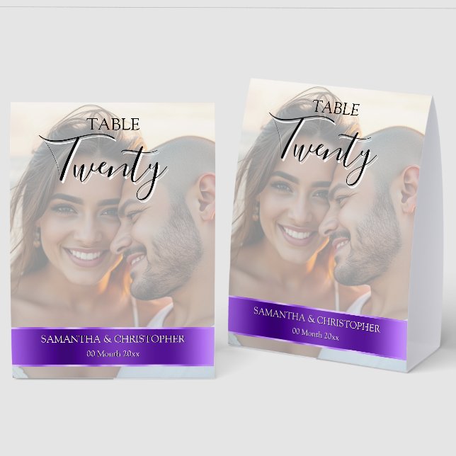 Photo Wedding Table Number with Purple custom band (Front/Back)