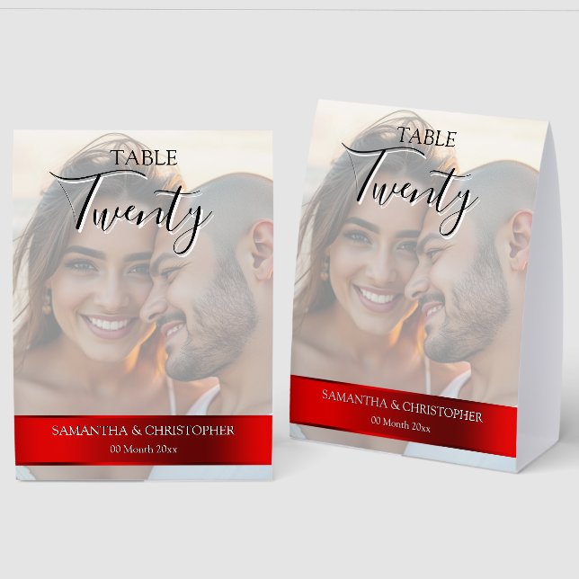 Photo Wedding Table Number with Red Band  (Front/Back)