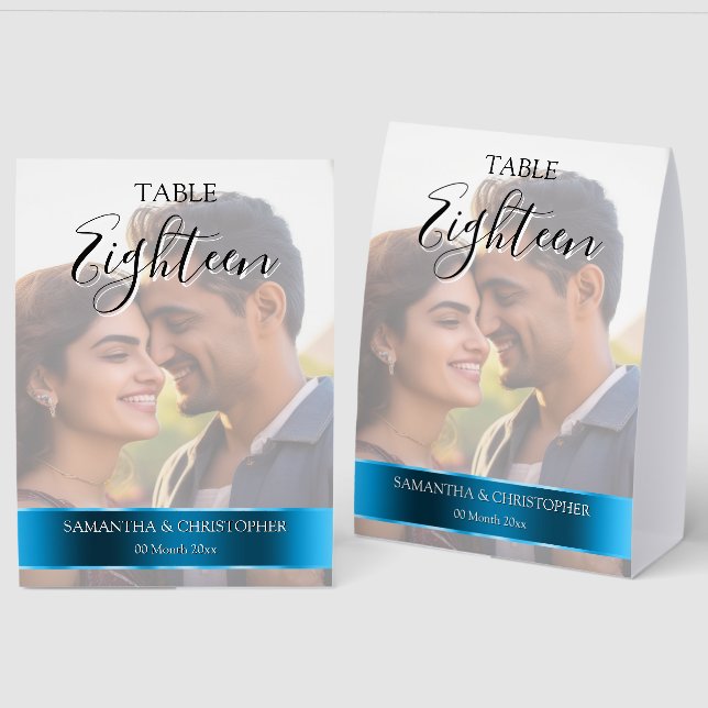 Photo Wedding Table Number with Royal blue band (Front/Back)