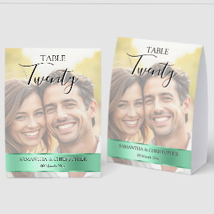 Photo Wedding Table Number with Sage Green band