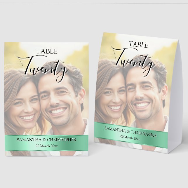 Photo Wedding Table Number with Sage Green band (Front/Back)